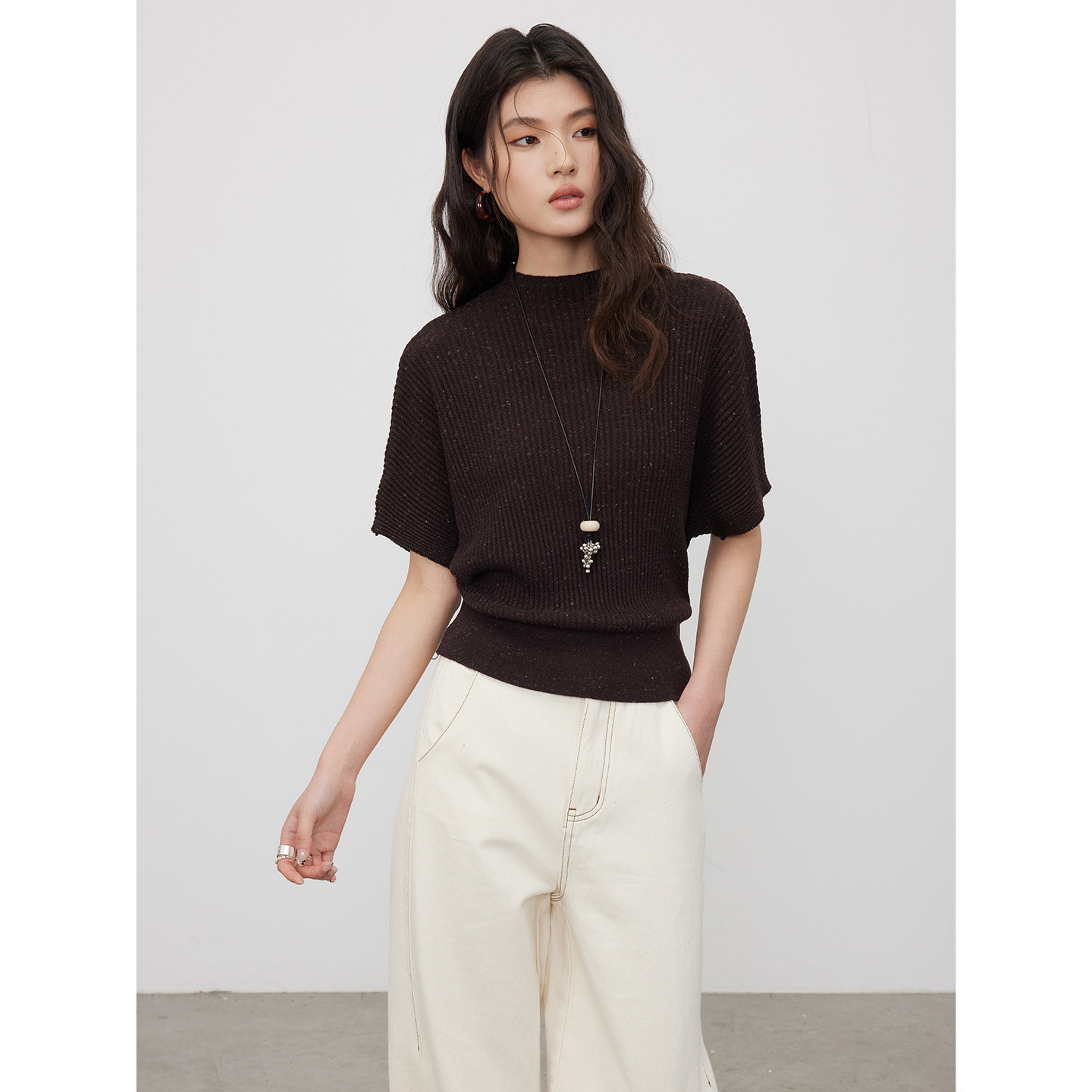 KEARA 复古短款半高领短袖针织衫女春季设计感蝙蝠袖收腰毛衣上衣,淘宝优惠券,粉丝福利购,淘宝优惠卷