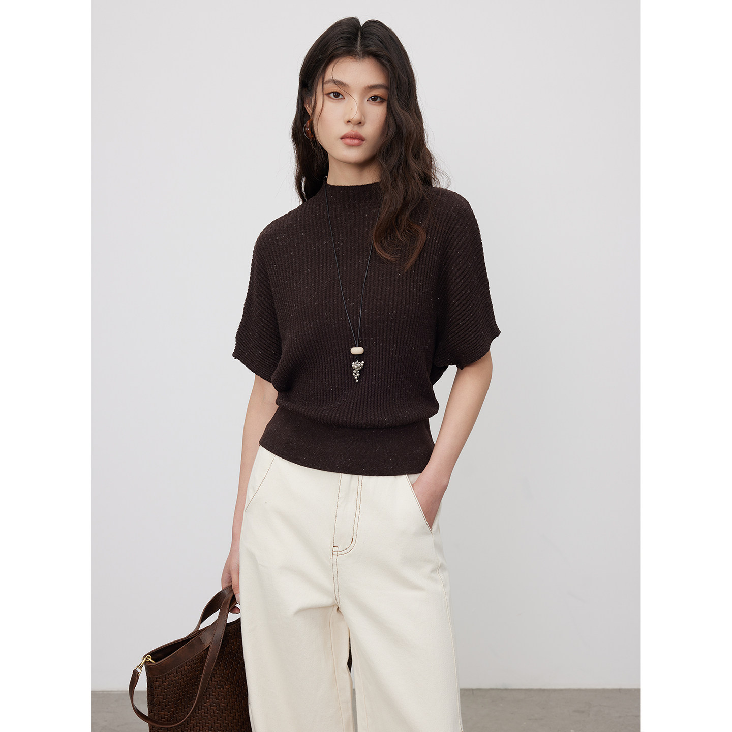 KEARA 复古短款半高领短袖针织衫女春季设计感蝙蝠袖收腰毛衣上衣,淘宝优惠券,粉丝福利购,淘宝优惠卷