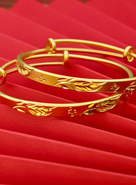 精致车花叶子麦穗手镯女民族风气质轻奢电镀真金保色手环国潮手饰