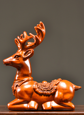 花梨木雕梅花鹿家居客厅玄关电视柜酒柜办公室桌面装饰品麋鹿摆件