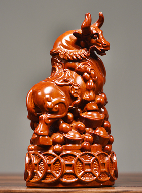 花梨木雕牛摆件全套十二生肖三合猪牛马兔家居装饰摆设红木工艺品