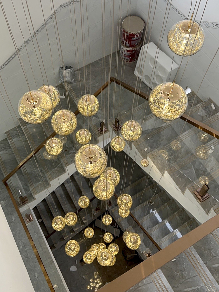 楼梯吊灯长吊灯玻璃圆球现代简约复式别墅旋转楼梯间loft吊灯球形_虎窝淘