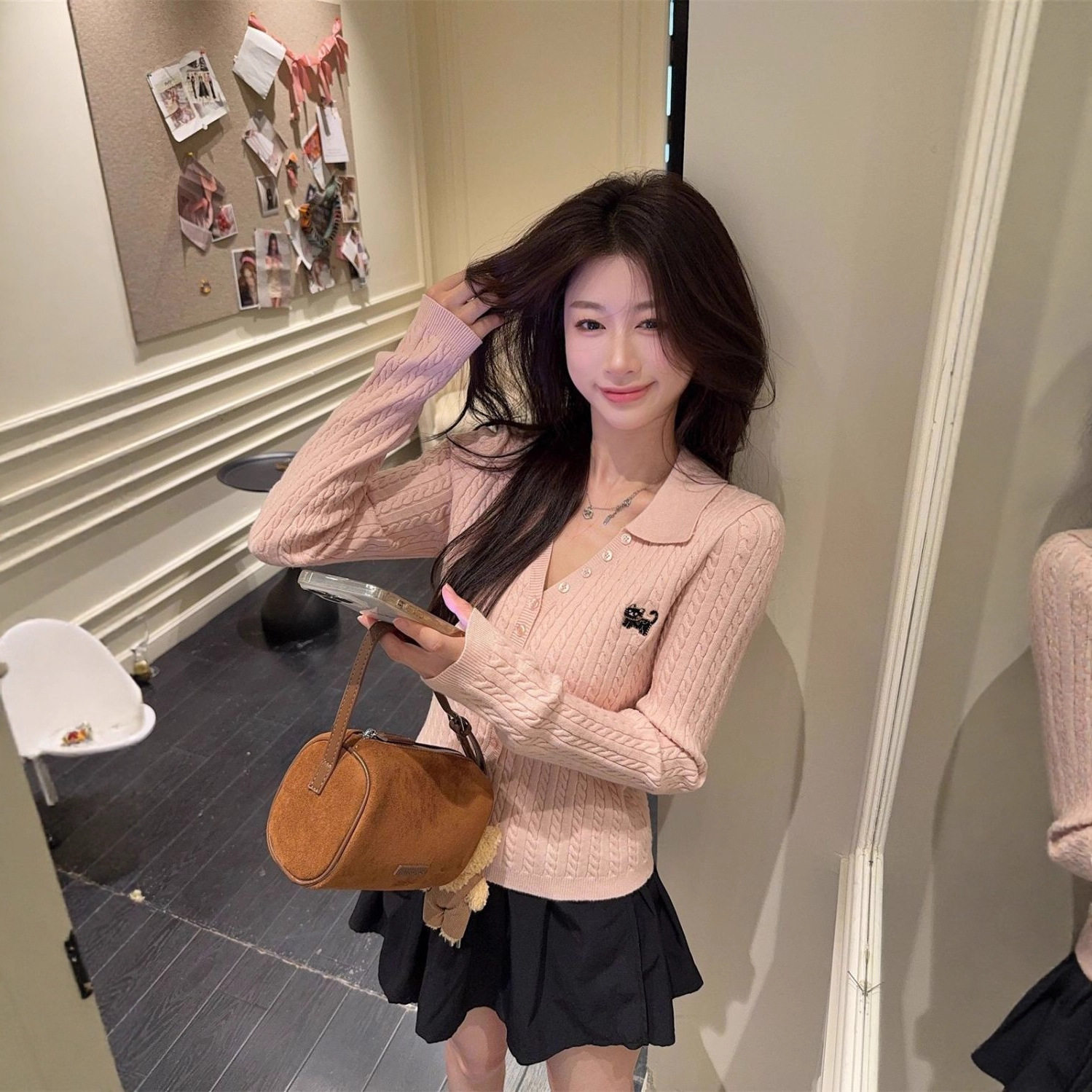 小猫刺绣粉色v领针织衫女秋冬麻花修身毛衣甜美韩系打底长袖上衣,淘宝优惠券,粉丝福利购,淘宝优惠卷