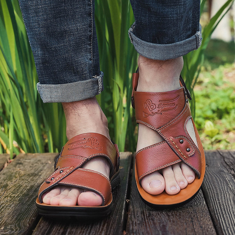 2023夏奧古斯都鞋真皮凉鞋男鞋休闲沙滩鞋牛皮凉鞋防滑拖鞋