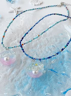 蓝色系串珠贝壳星星项链