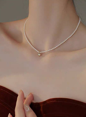 EPUU法式小珍珠纯银爱心毛衣项链