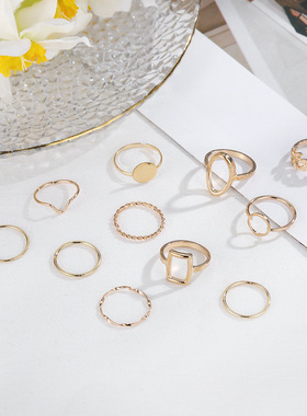 欧美跨境热销饰品日韩ins风简约个性冷淡风链条几何素圈叶子戒指