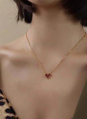 法式红色小爱心贝母时尚项链女不掉色钛钢锁骨链轻奢饰品一件代发