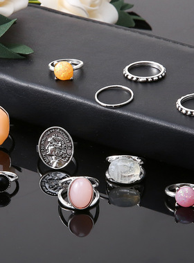 亚马逊跨境热销锆石人像金币戒指  椭圆形黑宝石果冻色10件套戒指