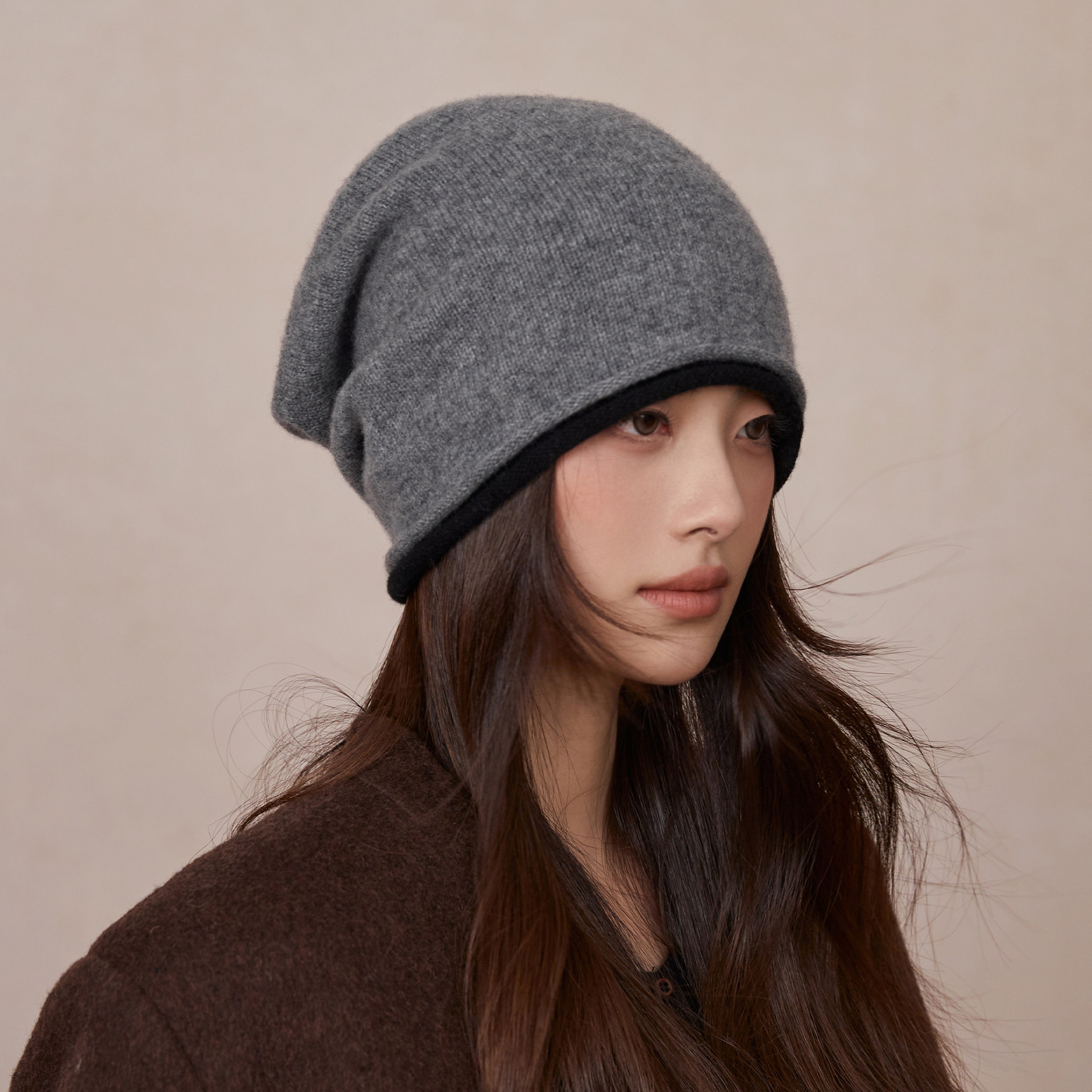 100羊毛堆堆帽男女同款灰色百搭套头帽冬天保暖针织帽子包头帽潮,淘宝优惠券,粉丝福利购,淘宝优惠卷