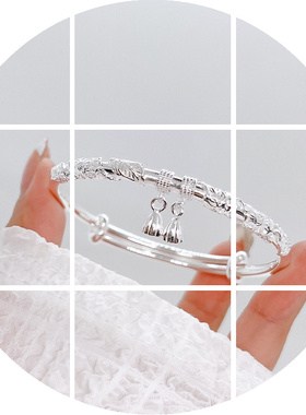 繁花足银999纯银手镯实心莲蓬莲