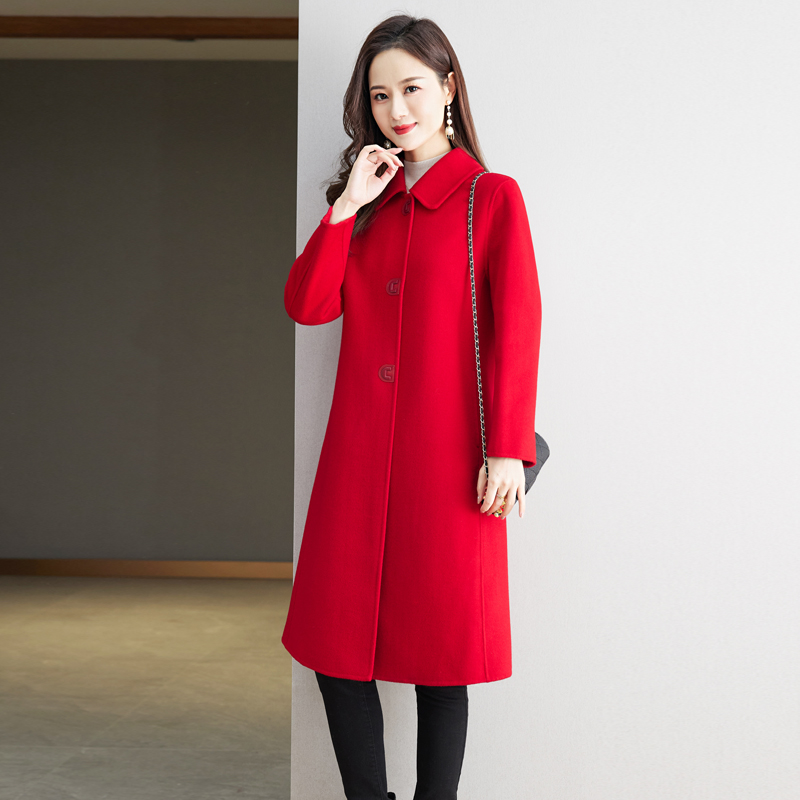 红色2024龙年本命年双面羊绒大衣女秋冬高级感中长款纯羊毛呢外套