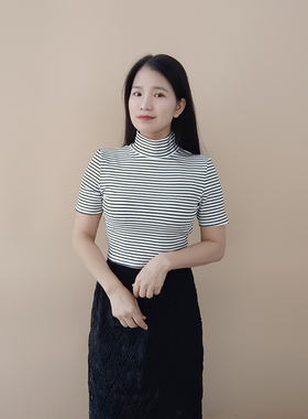 条纹假领子纯棉韩版色织套头高领