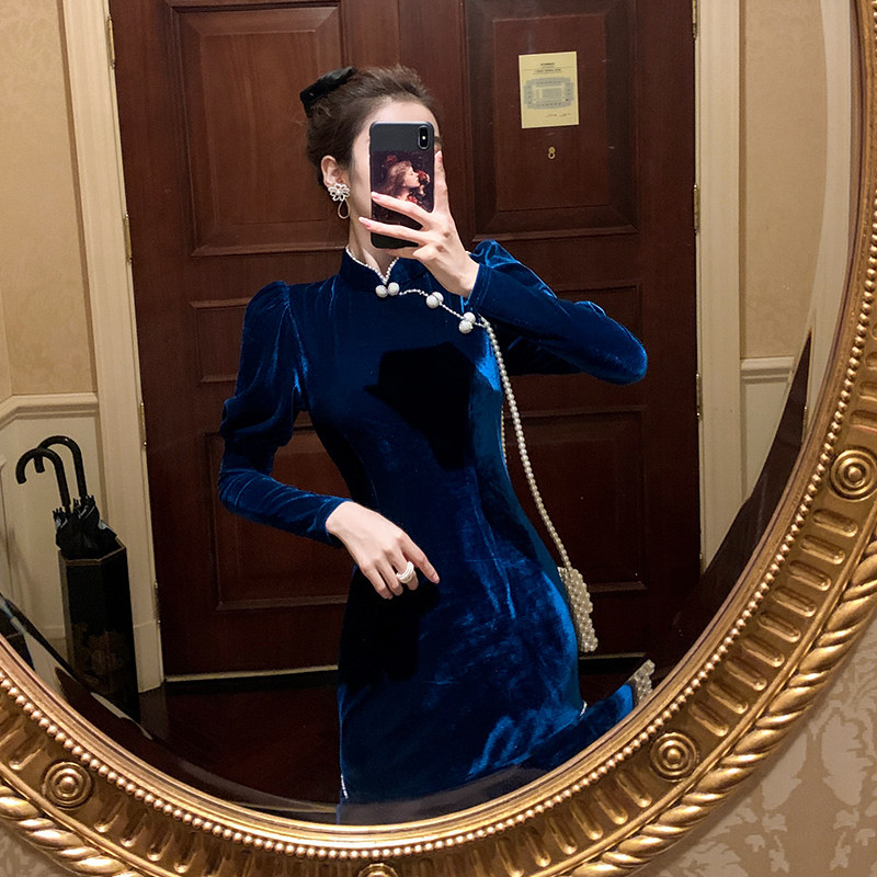 丝绒长袖旗袍改良版女2020年连衣裙 卡蜜缇连衣裙