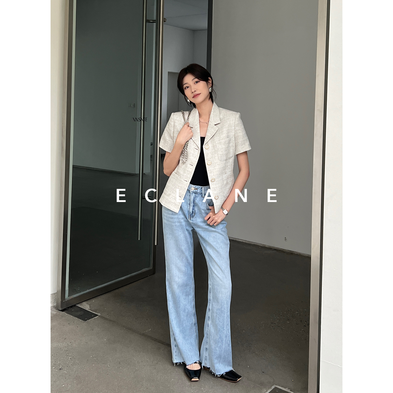 ECLANE 气质代名词-纹理感精致小香风上衣收腰短袖外套通勤短款 - 图2