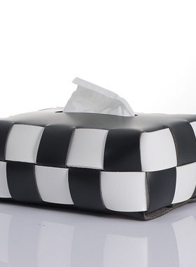 轻奢黑白棋格皮质洗手间纸巾盒摆件家居样板房桌面摆设餐桌抽纸盒