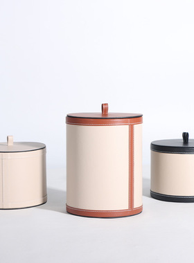 米白色皮革圆形储物盒样板间装饰收纳摆件会所俱乐部壁龛柜子陈设