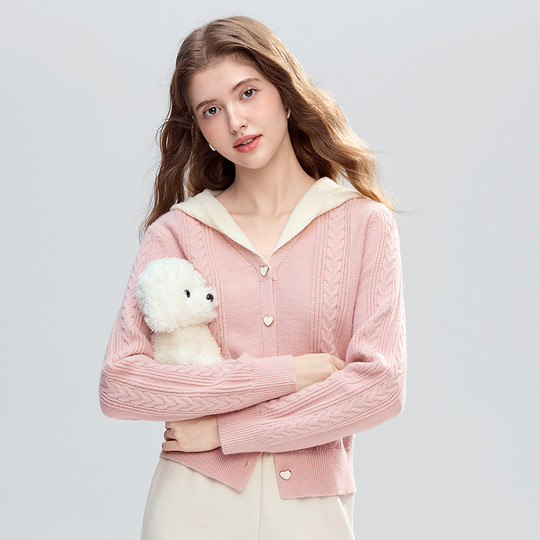 Betu Baitu pink fake two-piece hooded sweater jacket for women 2025 winter new sweet knitted cardigan