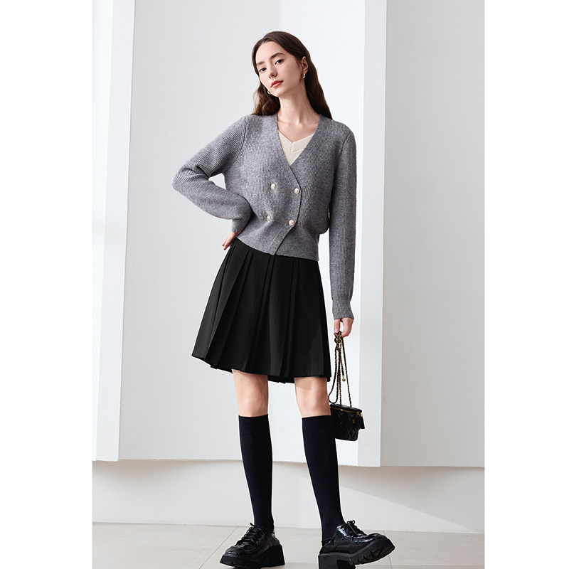 betu百图格雷系假两件V领毛衣开衫女2025年冬季新款短款针织外套,淘宝优惠券,粉丝福利购,淘宝优惠卷