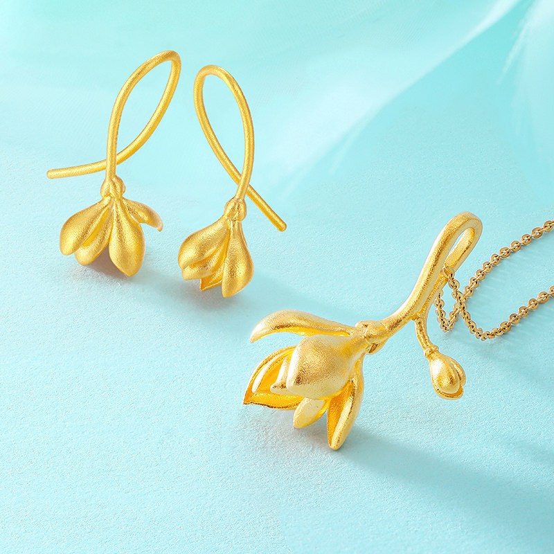 千叶珠宝古法玉兰花朵足金万能耳钩 千叶珠宝耳饰