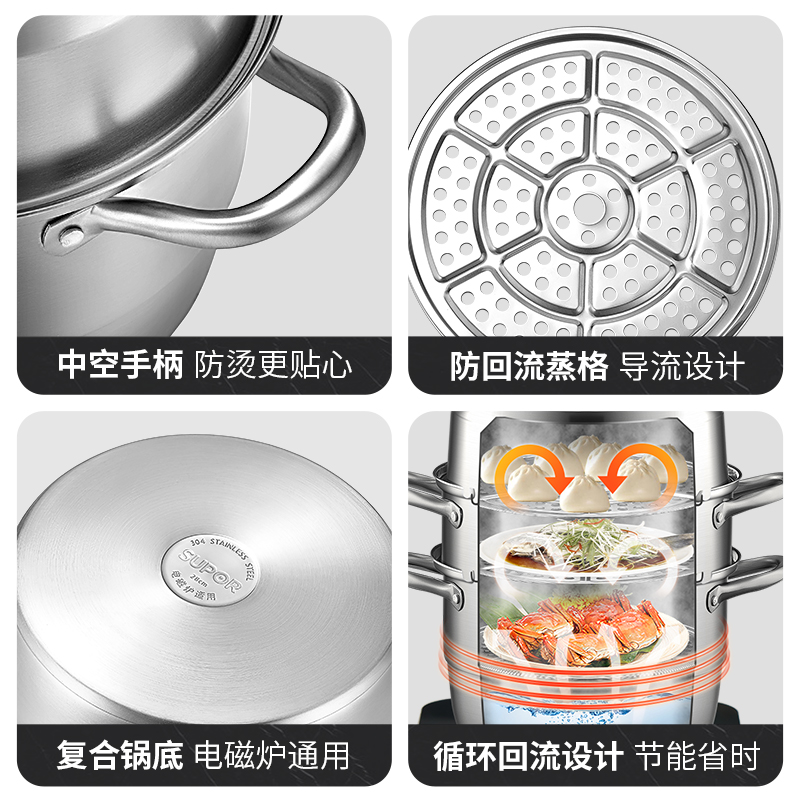 苏泊尔蒸锅家用304不锈钢加厚3层蒸煮锅三层蒸鱼锅欧式燃气电磁炉