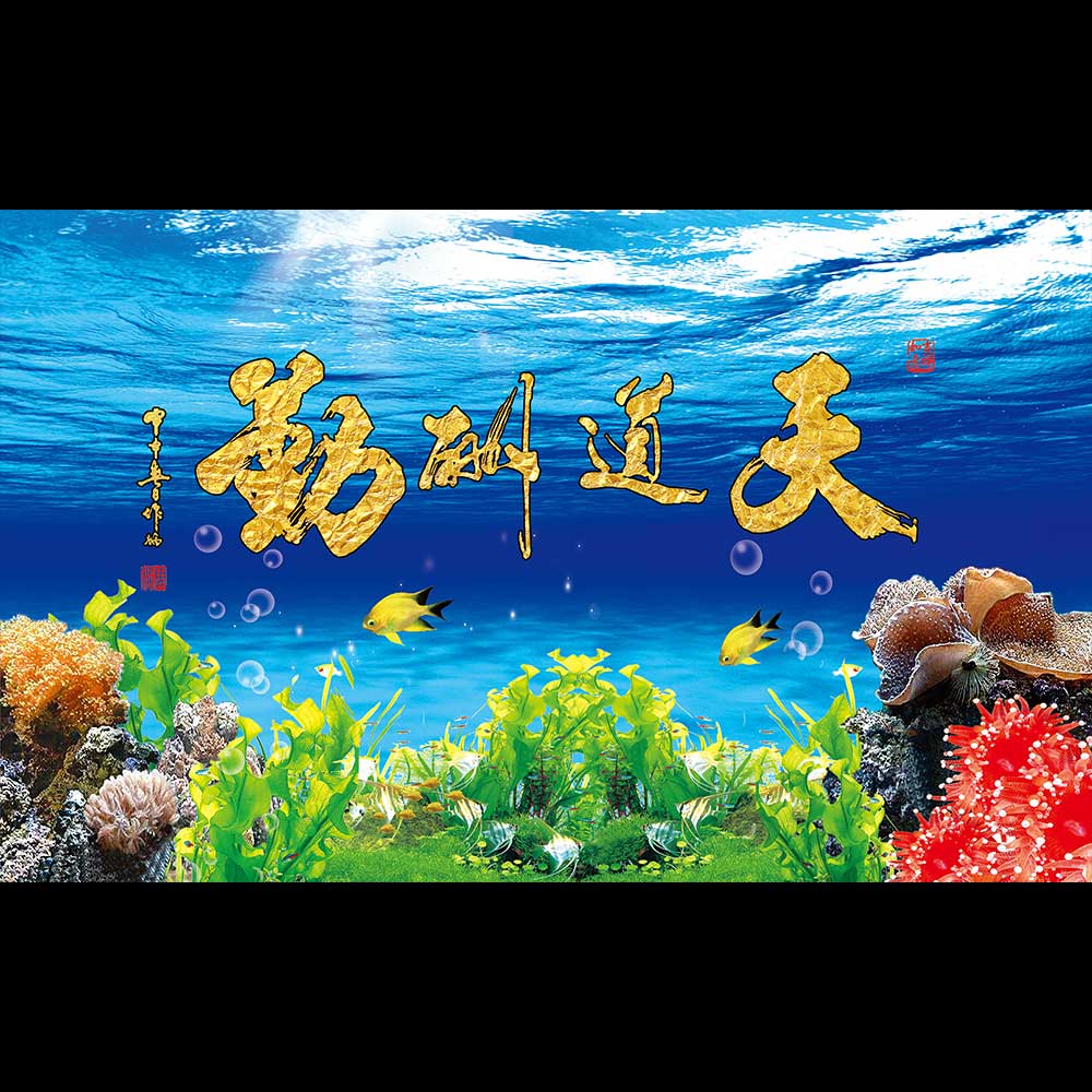 鱼缸背景纸3d立体高清水族箱壁纸天道酬勤贴纸造景自粘墙纸定制