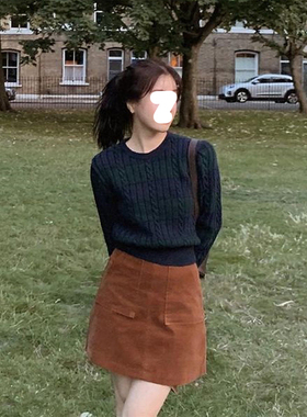韩版撞色麻花纹圆领毛衣针织衫女
