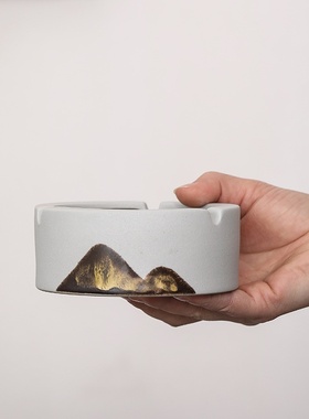 釉画彩烟灰缸 手工粗陶创意家居办公室客厅家用圆形陶瓷烟缸摆件