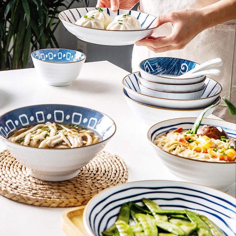 日式和风家用手绘釉下彩复古陶瓷甜品饭碗小碗沙拉碗汤碗面碗餐具
