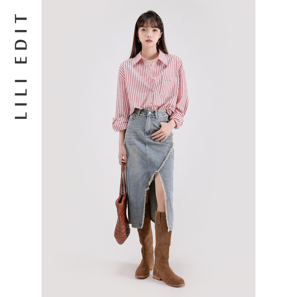 LILIEDIT/翻领条纹衬衫女春季新款宽松显瘦小众设计感长袖上衣 - 图0