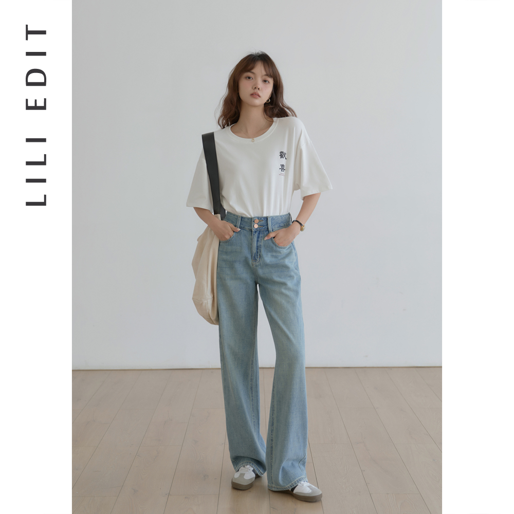 LILI EDIT/欢喜印花质感圆领T恤女夏季小个子休闲宽松短袖上衣 - 图2