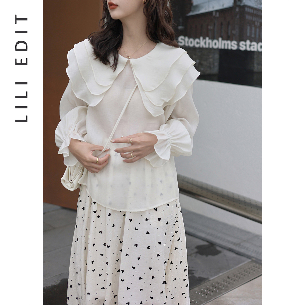 LILIEDIT/甜美天丝花瓣领荷叶边衬衫2023新款衬衣女喇叭袖娃娃领 - 图2