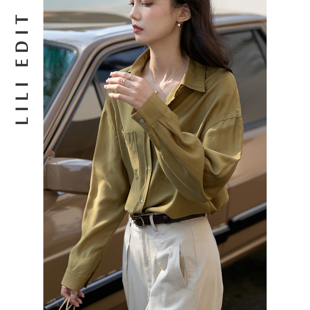 LILIEDIT/纯色设计感翻领贝壳扣衬衫女春季温柔简约气质长袖上衣 - 图1
