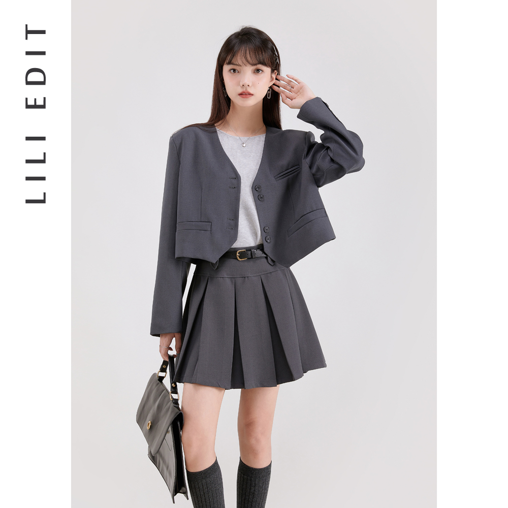 LILIEDIT/灰色短西装外套百褶短裙两件套女春季新款时尚气质套装 - 图0