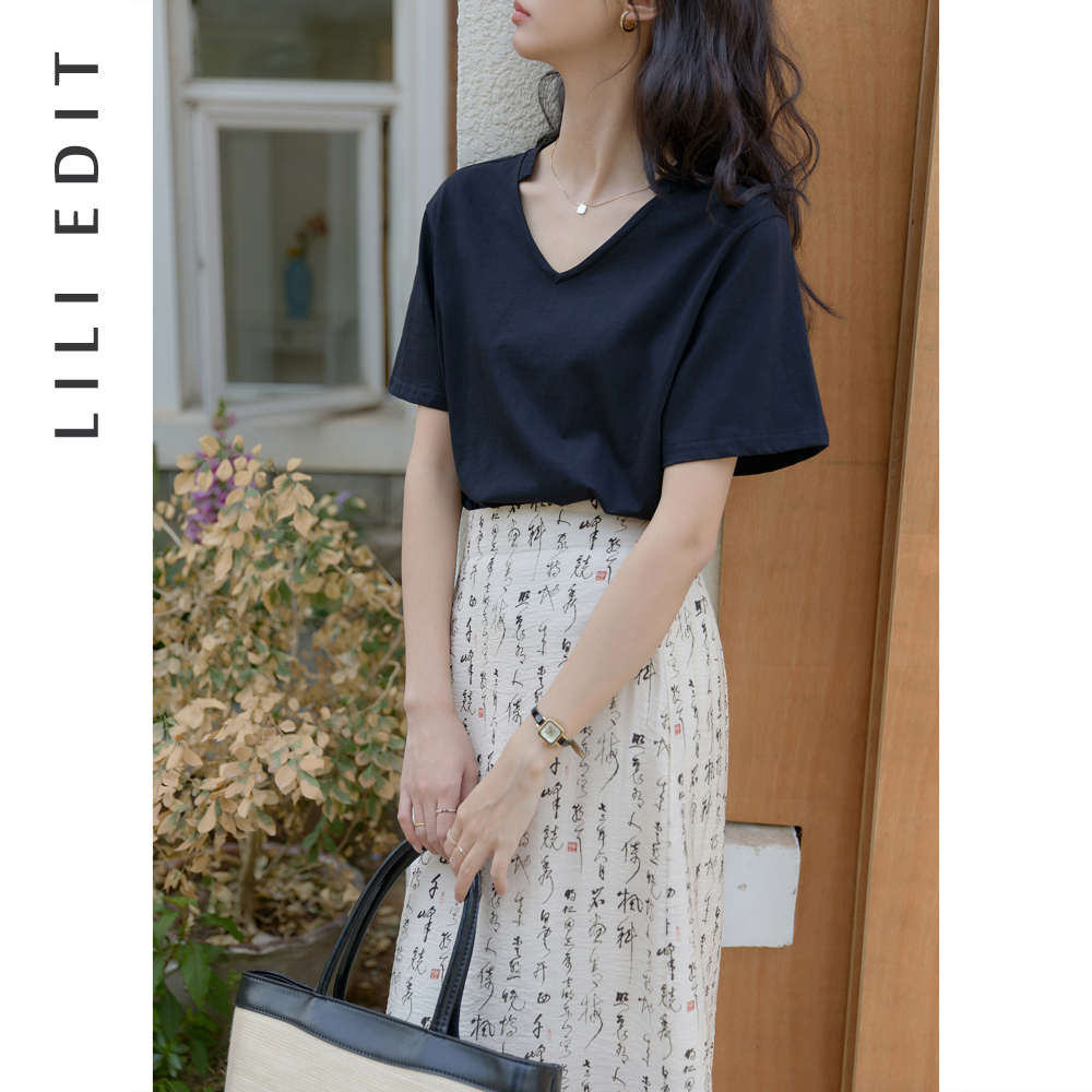 LILI EDIT/小众设计感V领显瘦宽松T恤女夏季慵懒风短袖休闲上衣 - 图2