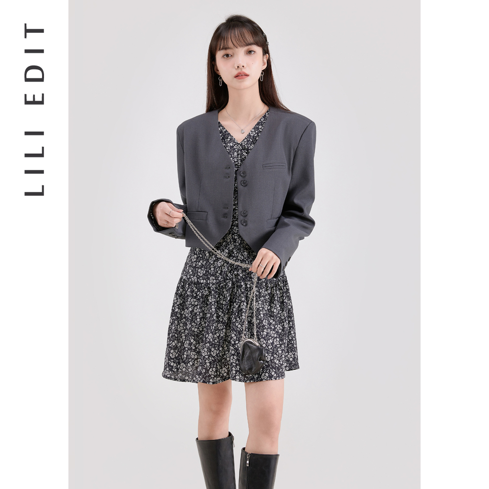 LILIEDIT/灰色短西装外套百褶短裙两件套女春季新款时尚气质套装 - 图2