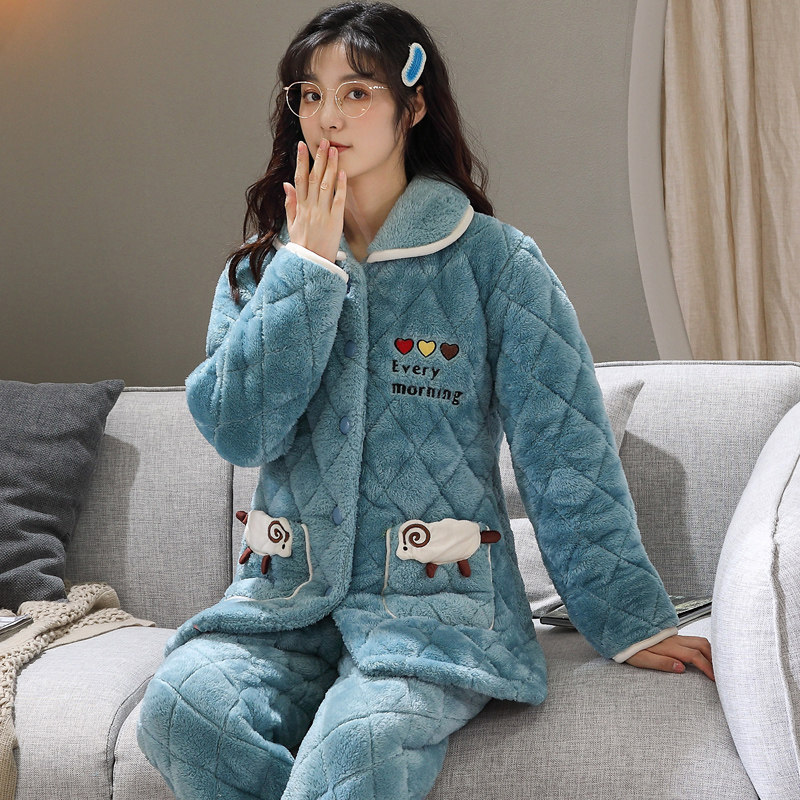 珊瑚绒女秋冬季三层夹棉袄睡衣 亿美希服饰睡衣/家居服套装