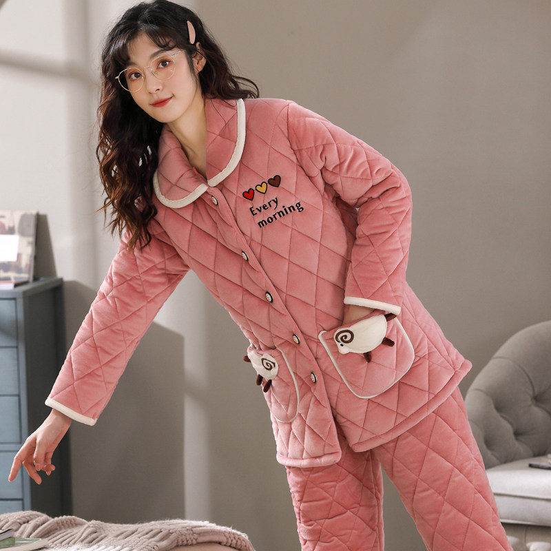 珊瑚绒女秋冬季三层夹棉袄睡衣 亿美希服饰睡衣/家居服套装