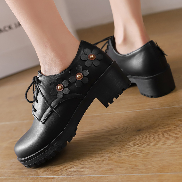 外贸款41一45特大码女鞋42甜美高跟单鞋43厚底粗跟系带布洛克鞋44 - 图1