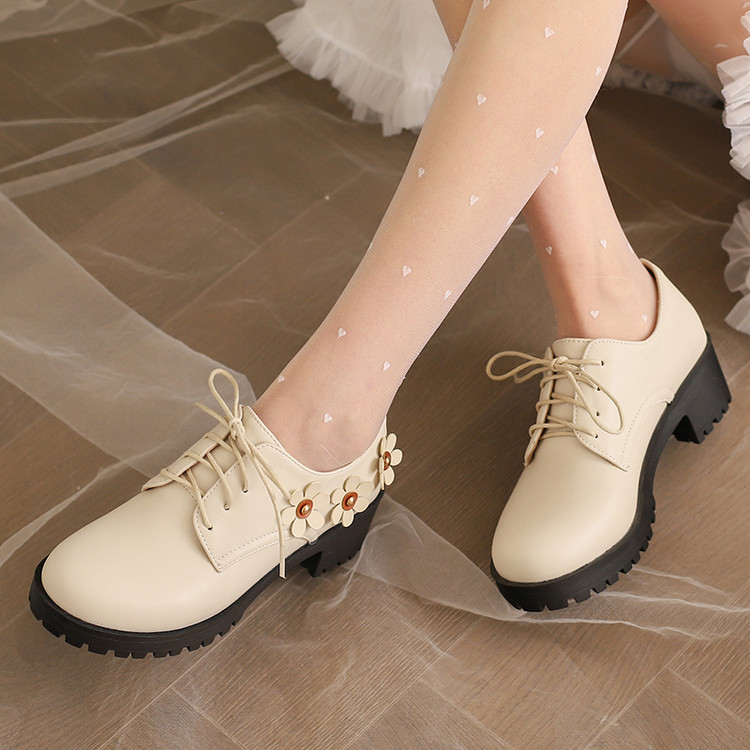 外贸款41一45特大码女鞋42甜美高跟单鞋43厚底粗跟系带布洛克鞋44 - 图0