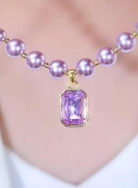 小盘优选紫色水晶锆石方糖珍珠项炼 炼 高级感2025新款饰品女法式