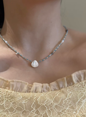 海洋风贝壳项链女轻奢高级感蓝色串珠简约ins度假风锁骨链颈链