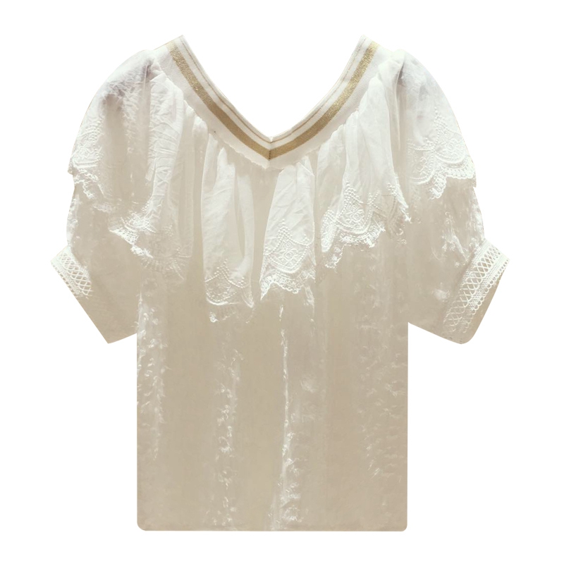 女子衣厨女装雪纺衫女短袖新款韩版宽松V领洋气网纱蕾丝拼接荷叶边上衣夏3