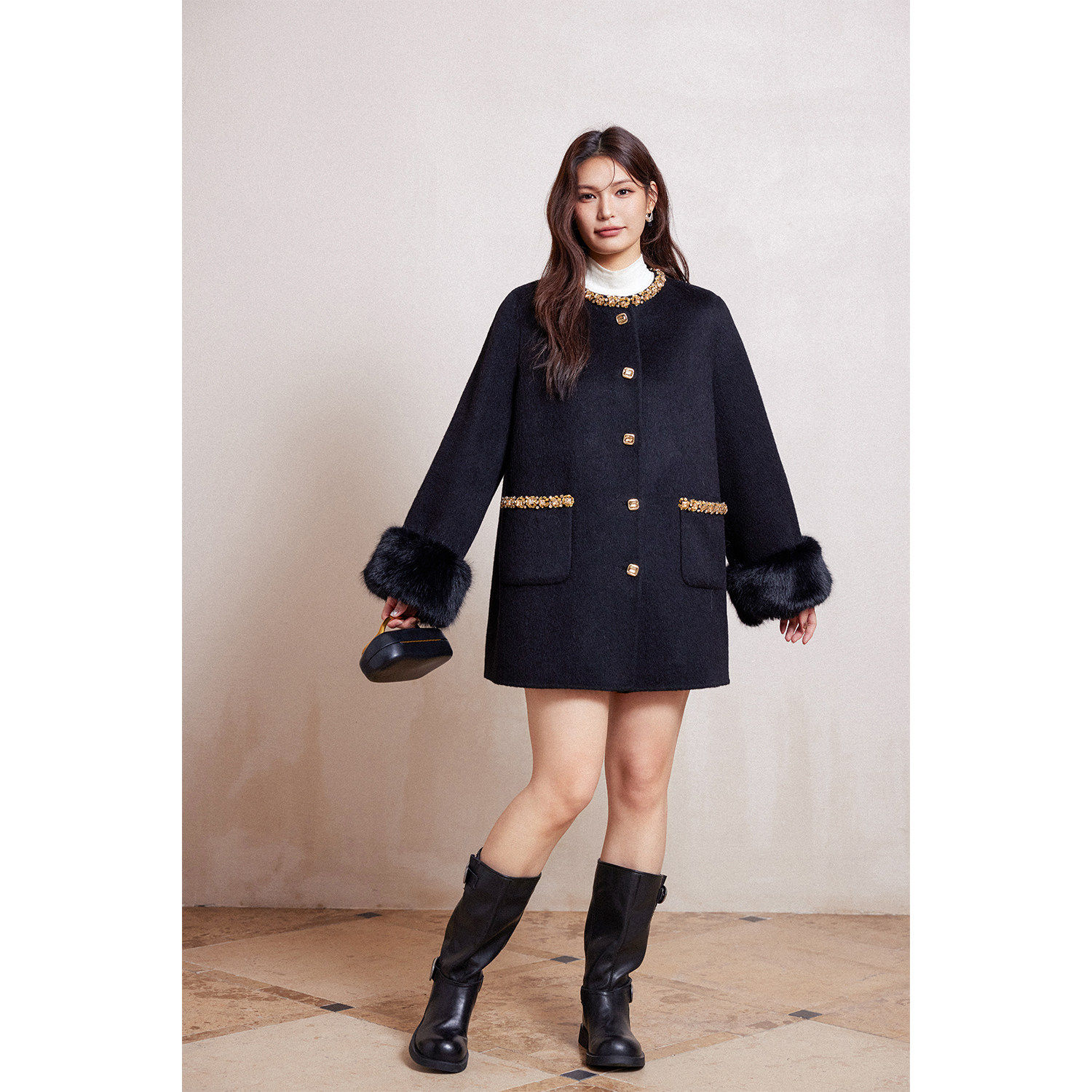 爵莱菲大码狐狸毛羊毛双面呢重工钉钻圆领可拆卸毛毛袖呢大衣,淘宝优惠券,粉丝福利购,淘宝优惠卷