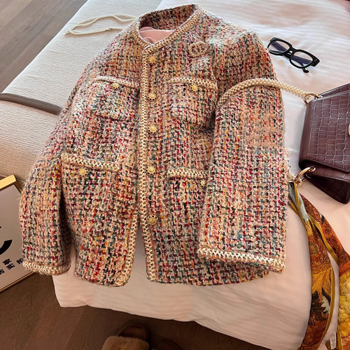 爵莱菲大码法式重工彩色粗花呢编织小香风外套2025羽绒服轻薄内胆 - 图1