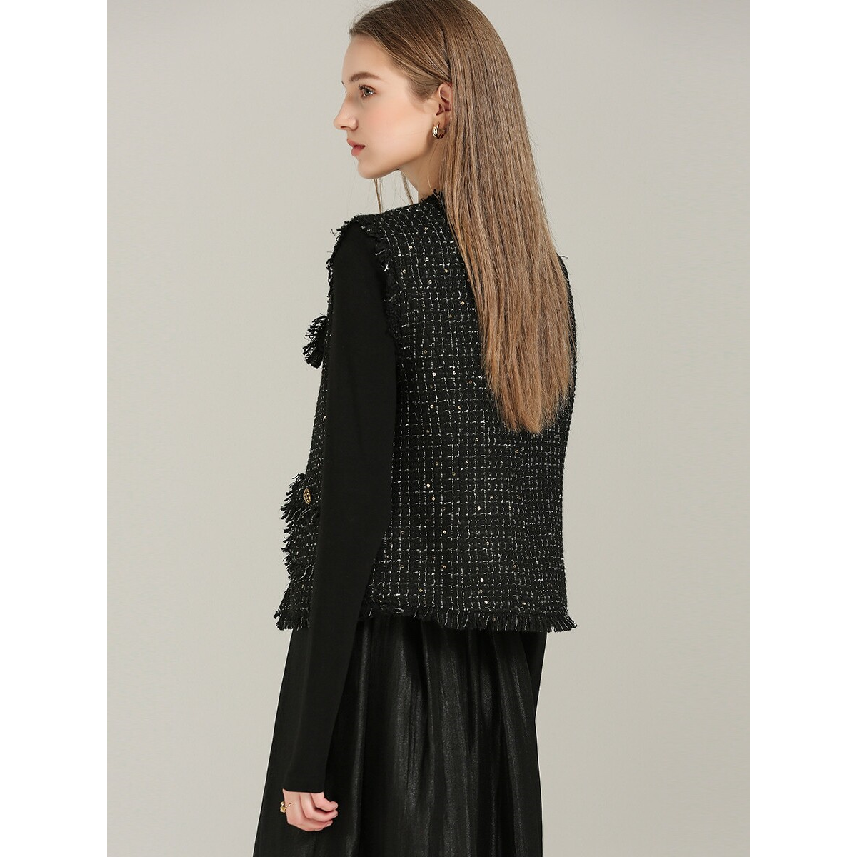 爵莱菲大码轻奢质感圆领小香风马甲女质感毛须边小众粗花呢背心,淘宝优惠券,粉丝福利购,淘宝优惠卷