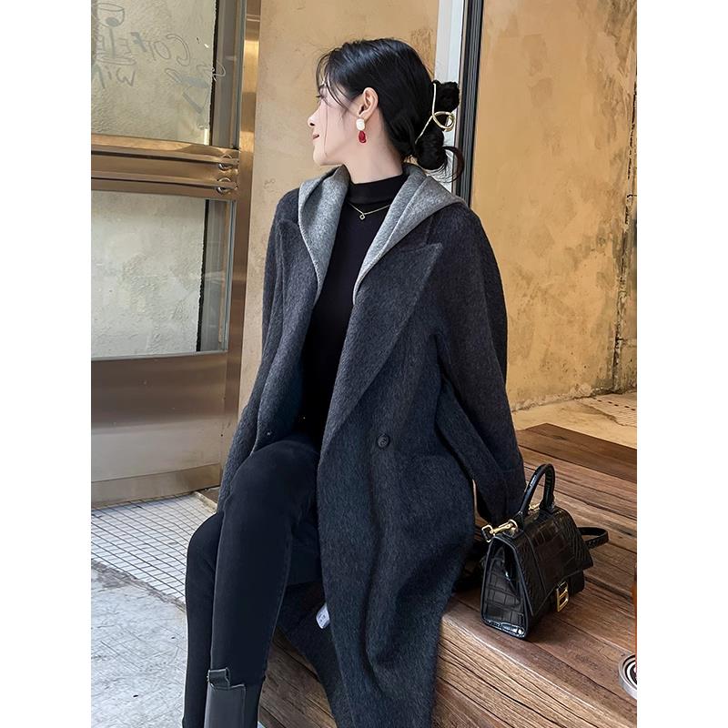 爵莱菲大码烟灰色双面羊绒大衣女中长款2025秋冬新款羊毛呢外套 - 图3