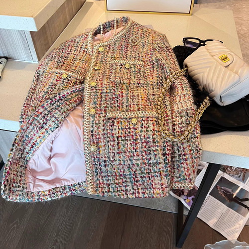 爵莱菲大码法式重工彩色粗花呢编织小香风外套2025羽绒服轻薄内胆 - 图2