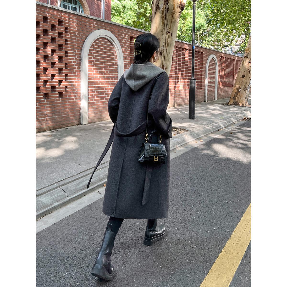 爵莱菲大码烟灰色双面羊绒大衣女中长款2025秋冬新款羊毛呢外套 - 图0