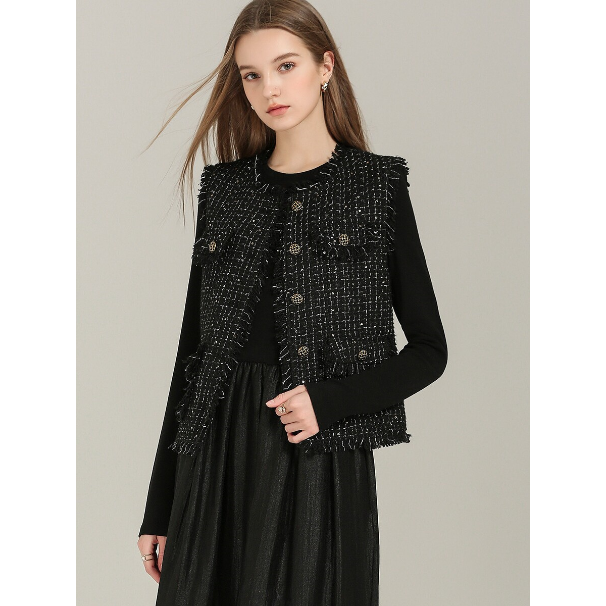 爵莱菲大码轻奢质感圆领小香风马甲女质感毛须边小众粗花呢背心,淘宝优惠券,粉丝福利购,淘宝优惠卷